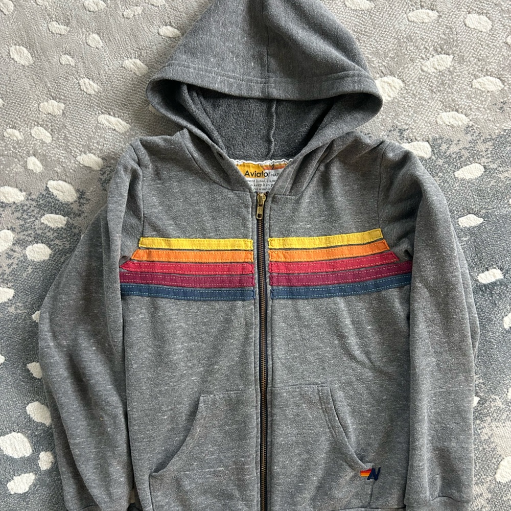 Aviator Nation 5 Stripe Full Zip Retro Gray Hoodie Youth Size 12
